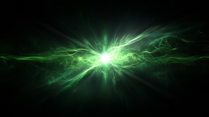 Wall Mural - Abstract design of green energy exploding from a bright center, with wispy green lines emanating outwards on a black background