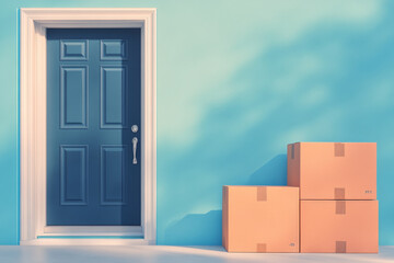 Wall Mural - Packages by the door with shadows on the wall, delivery concept, background