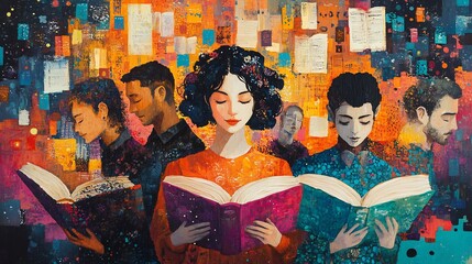 Poster - Vibrant collage illustrating World Book Day with diverse people reading surrounded by books and stories from various cultures symbolizing a global tribute to reading and the magic of words