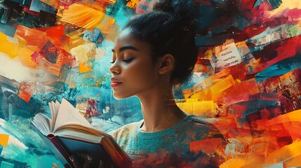 Poster - Vibrant collage illustrating World Book Day with diverse people reading surrounded by books and stories from various cultures symbolizing a global tribute to reading and the magic of words
