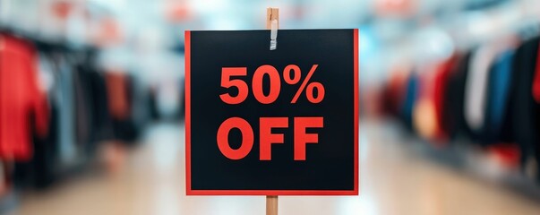 Closeup of a bold 50 OFF sale sign displayed prominently in a retail store promoting a deep discount on popular electronic products and gadgets  The sign is part of a larger sales event or promotion