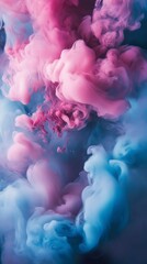 Wall Mural - Colorful pink and blue ink mix in water, creating abstract cloud shapes with a dreamy aura. Vibrant hues swirl together, captivating the eye in a mesmerizing image perfect for creative projects