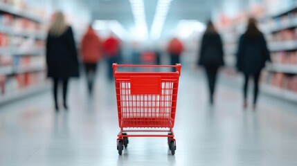 Shoppers with shopping carts rushing through a department store grabbing deals and discounts before they run out  Blurred motion and crowd capture the frenzy and excitement of a retail sale event