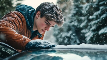 A young man dressed in a warm jacket leans over to remove snow from the top of a parked car. Snow-covered trees surround him, highlighting the winter atmosphere of the scene.