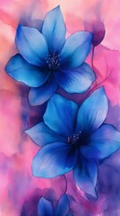 Poster - Two blue flowers are blooming on a colorful pink and purple watercolor background. This elegant floral illustration is perfect for any design project