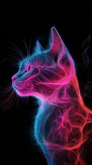 Poster - Neon colored cat portrait is posing in profile on a dark background, with bright pink and blue colors. The image has a modern and abstract feel