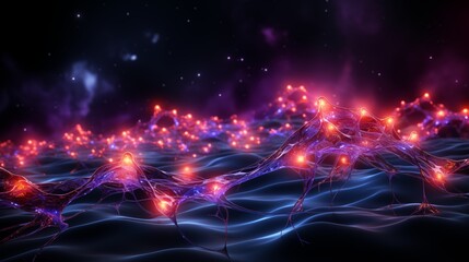 glowing neon neural net in abstract cosmos with black background