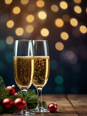 two glasses of champagne on christmas background