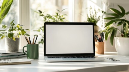 Poster - Laptop on a White Desk with Plants