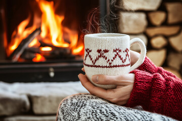 A warm hand-held mug near the fireplace, capturing coziness and relaxation in a knitted sweater ambiance.