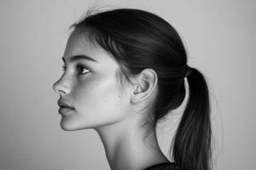 Poster - A close-up portrait of a woman with a ponytail, in black and white