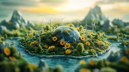 Poster - Vibrant Earth surrounded windmills solar farms thriving nature representing a green planet powered by renewable energy emphasizing the importance of ecological sustainability for World Environment Day