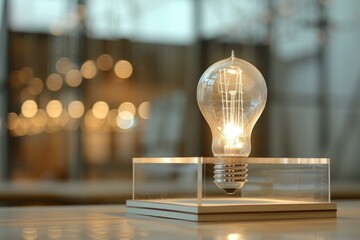 Vintage light bulb glowing on a glass display with a blurred background