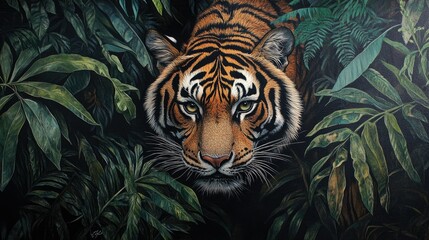 Close-up of a tiger prowling through dense jungle foliage, its stripes blending with the shadows.