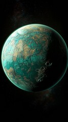 Wall Mural - turquoise and gold planet is shown orbiting through a star field in outer space. this image has a sh