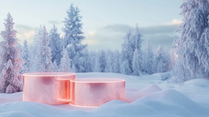 Poster - In a tranquil winter setting, two glowing copper cylinders rest on a snow-covered ground, surrounded by frosted trees under a soft sunset sky. The serene atmosphere evokes a sense of calm.