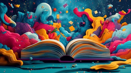 Poster - Vibrant flat design cartoon for World Book Day with an open book at the center colorful stories and characters bursting from the pages creating an imaginative and playful scene