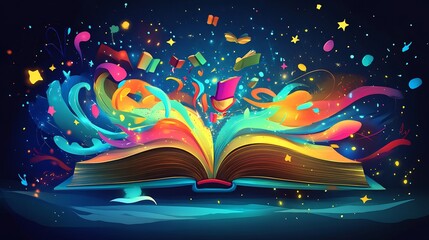 Poster - Vibrant flat design cartoon illustration for World Book Day featuring an open book with colorful stories and whimsical characters bursting from its pages creating a magical scene of imagination