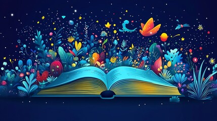 Poster - Vibrant flat design cartoon illustration for World Book Day featuring an open book with colorful stories and whimsical characters bursting from its pages creating a magical scene of imagination