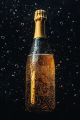 A close-up view of a bottle of beer with bubbles forming on the surface