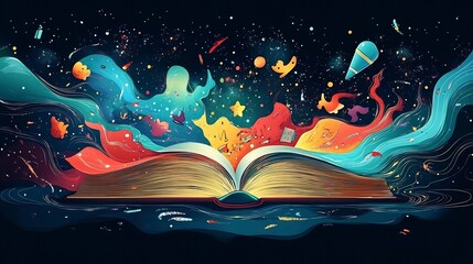 Poster - Vibrant flat design cartoon illustration for World Book Day featuring an open book with colorful stories and whimsical characters bursting from its pages creating a magical scene of imagination