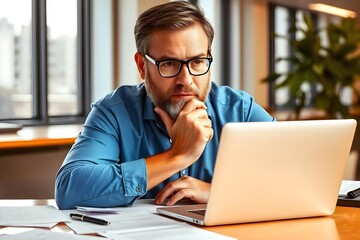 Busy middle aged business man executive wearing shirt and glasses sitting at desk using laptop. Mature serious professional businessman manager working looking at computer technology in office