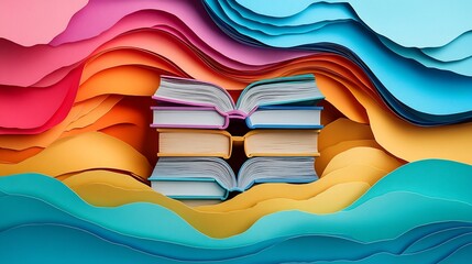 Poster - Vibrant flat illustration in paper cut style for World Book Day featuring colorful books stacked with open pages and plenty of copy space for text celebrating the joy of reading