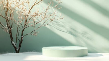 Fototapete - A circular platform rests quietly next to a bare tree adorned with frost, all illuminated by gentle daylight. Soft shadows dance across the serene, snowy landscape.