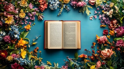 Poster - Vibrant flat lay design for World Book Day featuring an open book surrounded by colorful floral elements blank copy space for text and whimsical stationery items like bookmarks