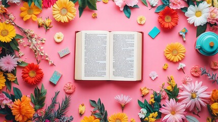 Fototapete - Vibrant flat lay design for World Book Day featuring an open book surrounded by colorful floral elements blank copy space for text and whimsical stationery items like bookmarks