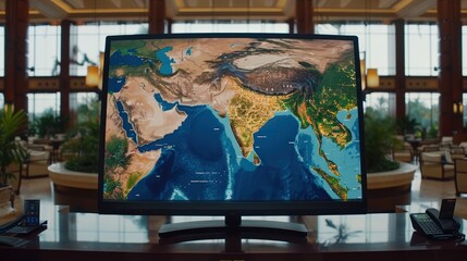 A Flat Screen Television Displaying a Map of Asia with City Lights