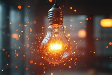 Canvas Print - A glowing light bulb with sparks flying off of it, hanging from a ceiling against a blurred background of lights.