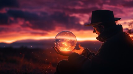 Poster - A person holds a glowing crystal ball under a vibrant sunset in a tranquil landscape while dressed warmly for the evening chill