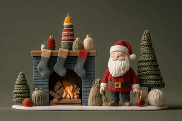 Festive Santa figurine by a cozy fireplace with Christmas decorations, green background.