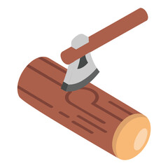 an axe splits a log isometric concept,  process of chopping firewood vector icon design, timber and lumber Symbol,  forest Deforestation products Sign,mill yard and sawworks stock illustration