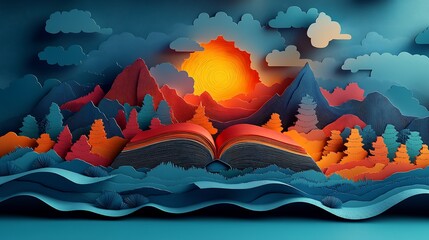 Poster - Vibrant flat world book day illustration in paper cut style highlighting various book genres with an open book at the center designed with spacious copy areas to encourage literacy and education