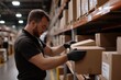 © Milos - A dedicated warehouse employee in black attire and gloves carefully sorts and arranges brown packages on a tall metal shelving unit in an organized space.