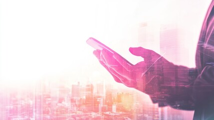 Poster - Hand Holding Phone Over Cityscape
