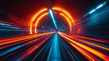 Wall Mural - Light trails are illuminating a subway tunnel at night. The bright orange and blue lights create a futuristic and fast-paced atmosphere