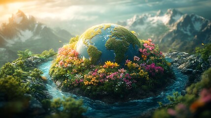 Poster - Vibrant forested earth in the center of a scenic landscape encircled by wildlife clean waters and blooming flowers showcasing nature's harmony and the effort to protect our planet