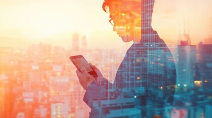 Poster - Man with Tablet Looking at City Skyline