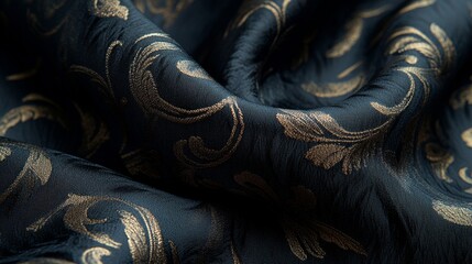 Canvas Print - Expensive-looking dark blue fabric with gold floral pattern flowing in soft folds, creating a luxurious and elegant background