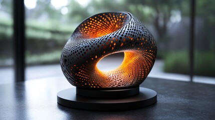 Canvas Print - A glowing, geometric,  3D-printed sculpture with intricate details, resembling a modern lamp on a table with a blurry green background.