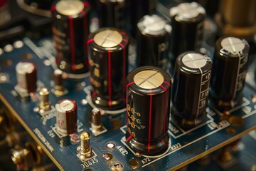 Poster - Electrolytic capacitors standing on a printed circuit board are soldered to its surface