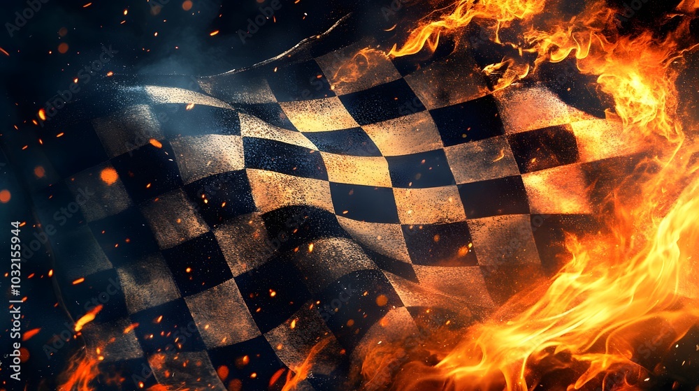 Explosion Racing Flags Flowing Checkered Racing Flag with Fire Stock Illustration | Adobe Stock