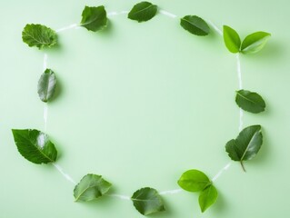 Aufkleber - Minimalist Green Leaves Circle on Light Green Background with Negative Space