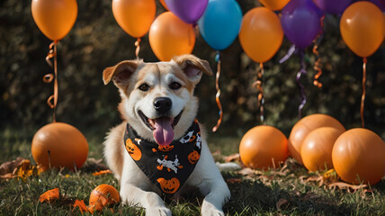 A dog is laying on the grass in front of a bunch of orange and purple balloons. The dog is wearing a Halloween bandana and he is enjoying the festive atmosphere