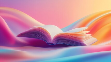 Poster - Vibrant gradient abstract 3D illustration for World Book Day featuring an open book with flowing pages set against a colorful minimalistic background that enhances the sense of imagination