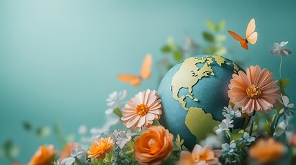 Poster - Vibrant green Earth globe with papercut flowers and butterflies floating gently around set against a minimalistic pastel background Ideal for a World Environment Day celebration concept