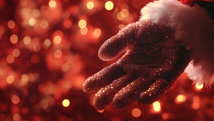 Glitter-covered open hand in a festive red scene